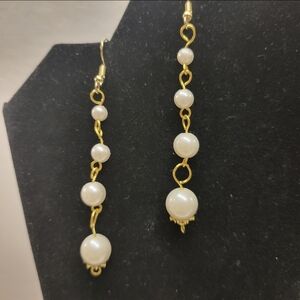 Gold and Faux White Pearl Dangle Earrings